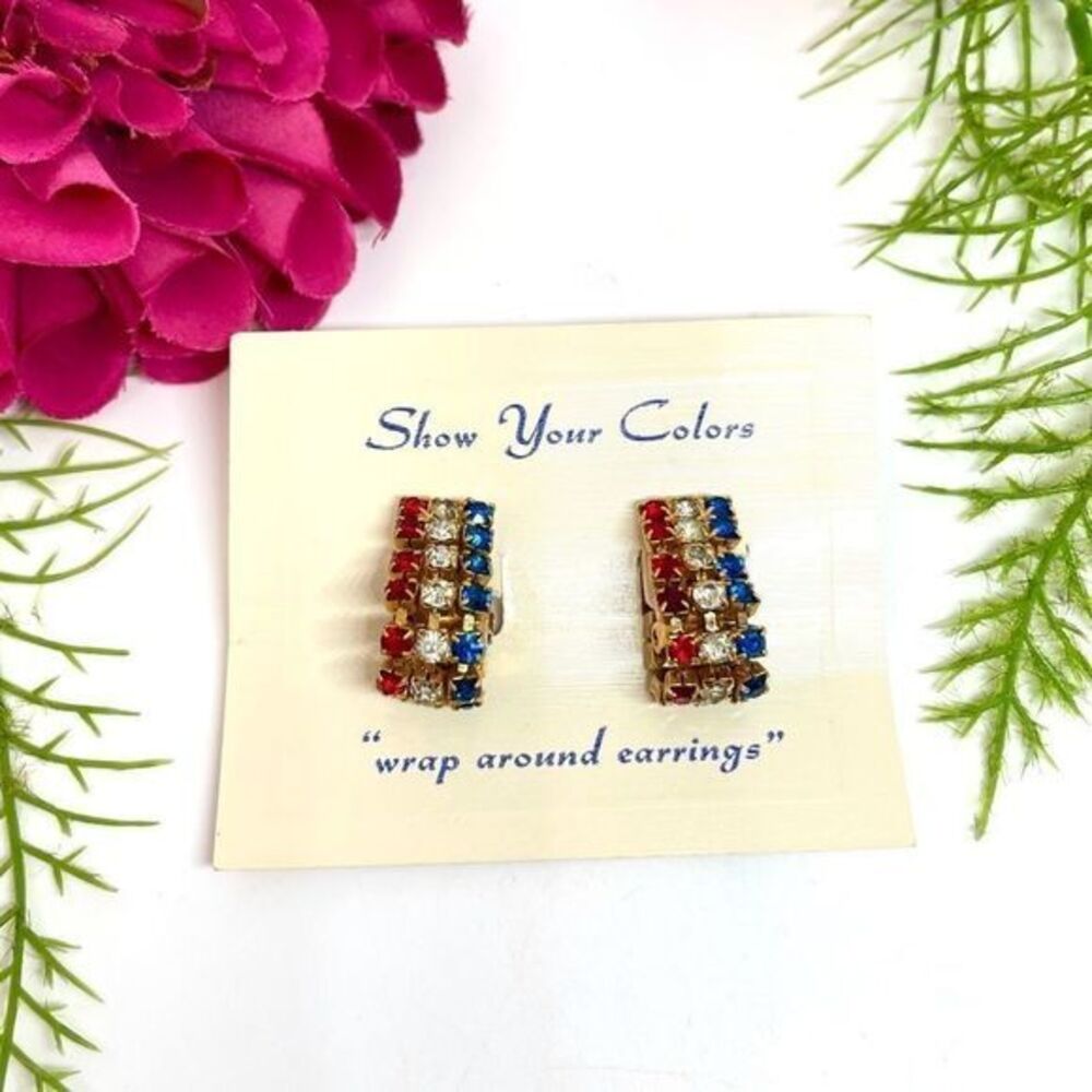 VINTAGE⚜️RETRO Red, White & Blue Crystal Clip Earrings